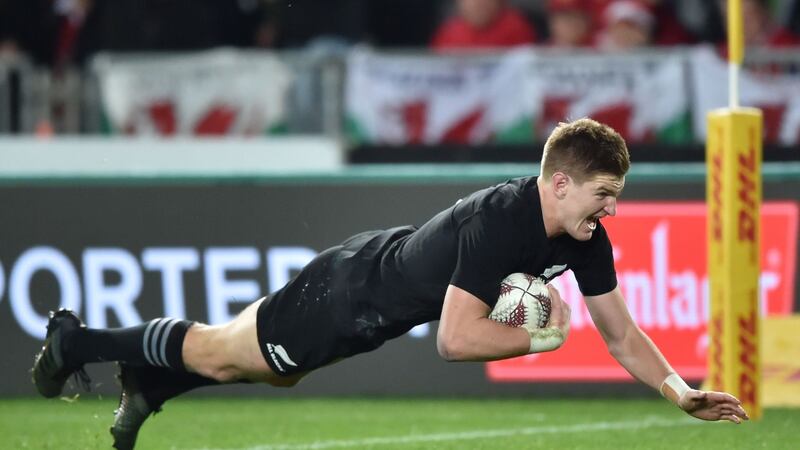 New Zealand’s Jordie  Barrett scores their second try. Photograph: Getty  Images