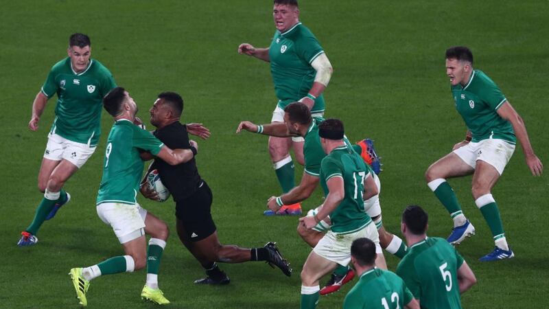 Conor Murray tackles Sevu Reece during Ireland’s defeat to the All Blacks. Photograph: Behrouz Mehri/AFP/Getty