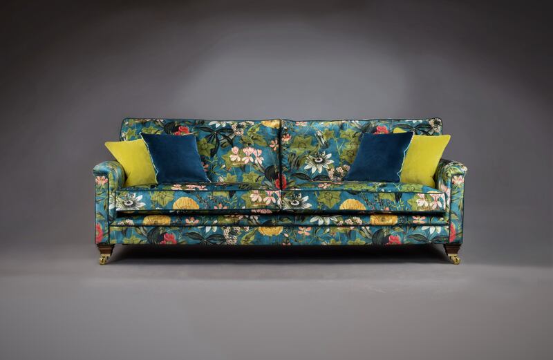 Tara sofa from the Sofa Factory. This kingsize sofa (approx 230cm) is based on feather back cushions, feather-wrap seats and 19m fabric at €40 per metre and costs €2,930


