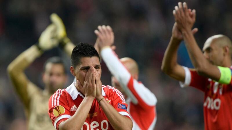 Benfica’s Enzo Perez emotional in defeat in Amsterdam. Photograph: Dylan Martinez/Reuters