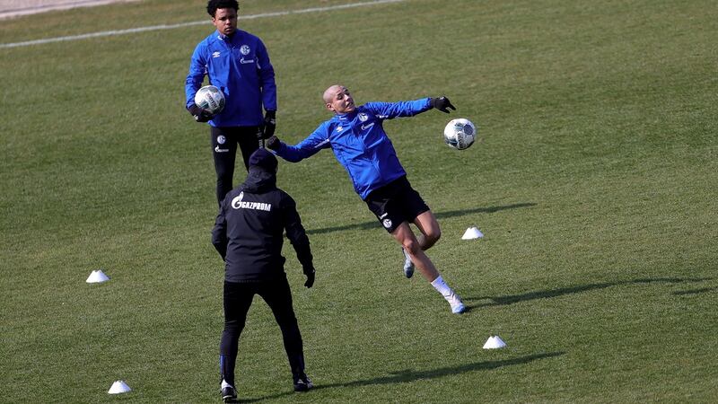 Schalke’s Amine Harit (right) and his team-mate Weston McKennie  in action during a training session in Gelsenkirchen on Tuesday. Photograph: Friedemann Vogel/EPA
