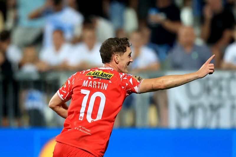 Shelbourne's John Martin celebrates scoring  the winning goal. Photograph: Aleksandar Djorovic/Inpho