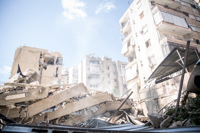 A smoking ruin  in Beirut's southern suburbs. Photograph: Sally Hayden