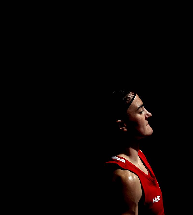 Kellie Harrington makes her way to the ring to meet Beatriz Iasmin Soares Ferreira of Brazil in the semi-finals. Photograph: Ryan Byrne/Inpho
