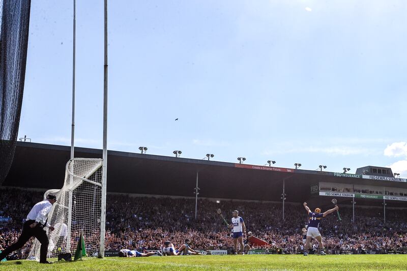 Tipperary's Oisín O'Donoghue celebrates scoring a goal against Waterford at FBD Semple Stadium. Photograph: Bryan Keane/Inpho 