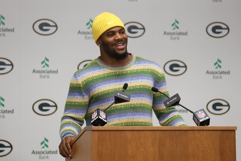 Former Dallas Cowboys player Micah Parsons speaks to the media after being traded to the Green Bay Packers. Photograph: Jayden Mack/Getty Images