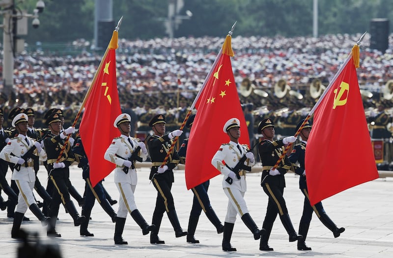 Chinese troops march during the military parade. Photograph: EPA