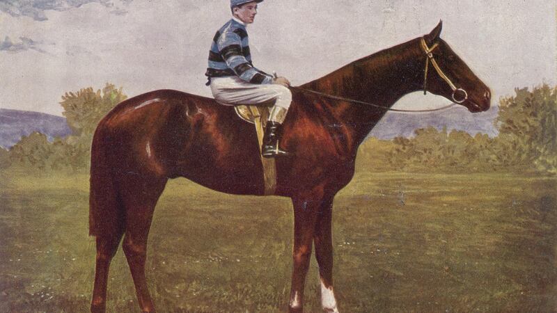 Illustration depicting the racehorse ‘Lally’, owned by William Bagwell Purefoy, circa 1907. The jockey riding ‘Lally’ is Bernard Dillon (1887-1941). Photo: Hulton Archive/Getty Images