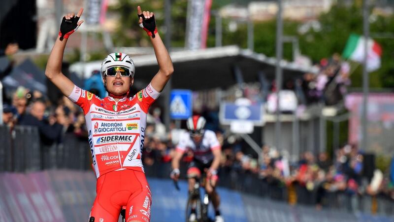 Italian rider Fausto Masnada of Androni Giocattoli Sidermec team celebrates winning the sixth stage of the Giro d’Italia from Cassino to San Giovanni Rotondo. Photograph: Alessandro Di Meo/EPA