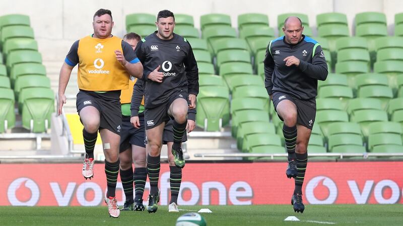 Dave Kilcoyne, Robbie Henshaw and Rory Best at the Ireland Rugby Captain’s Run at the Aviva Stadium, Dublin on Friday. Photograph:  Billy Stickland/Inpho