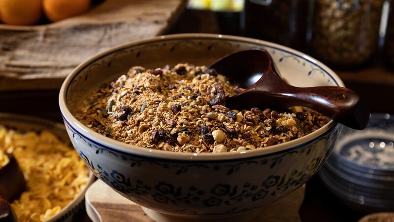 Crunchy home-made granola with pumpkin seeds, desiccated coconut and pecans.