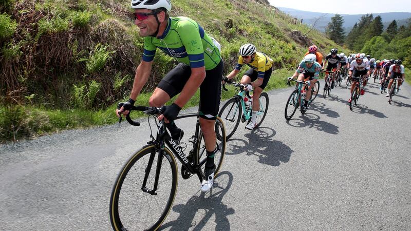 The Netherlands’ Luuc Bugter leads the main bunch up Drumgoff, Co Wicklow during  Stage 7 of the Rás Tailteann, from Carlow to Naas. Photograph: Bryan Keane/Inpho