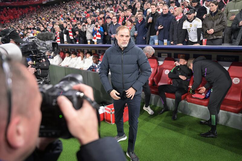 Thomas Tuchel puts on a brave face as he heads to the bench before Bayern Munich's Champions League match against Lazio. Photograph: Kirill Kudryavtsev/AFP via Getty Images