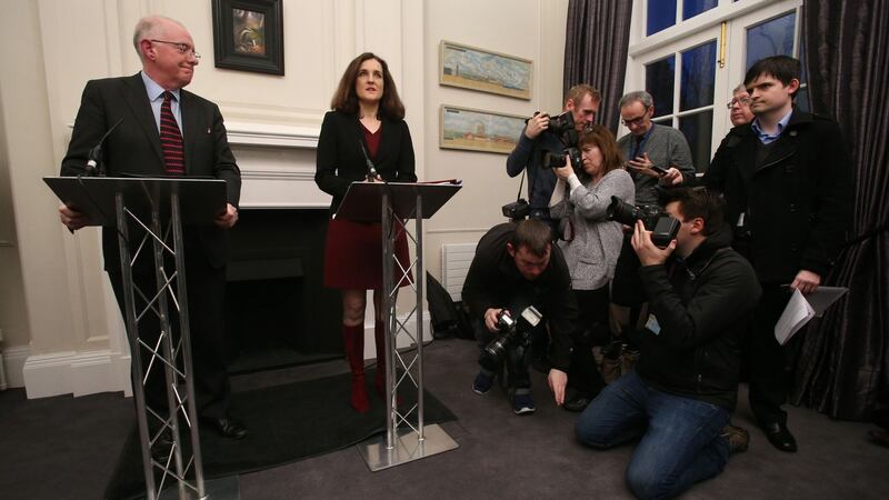 Northern  Secretary Theresa Villiers and  Minister for Foreign Affairs Charlie Flanagan  at Stormont House in Belfast. Photograph: Brian Lawless/PA Wire