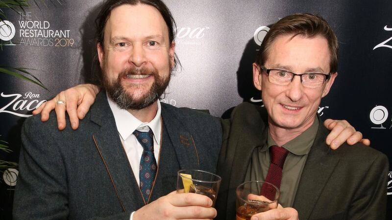 Ultan Walsh of Gort Na Nain Farm and Denis Cotter of Cafe Paradiso, Cork, winners of Collaboration of the Year at The World Restaurant Awards 2019 in Paris. Photograph: Zacapa Rum/PA