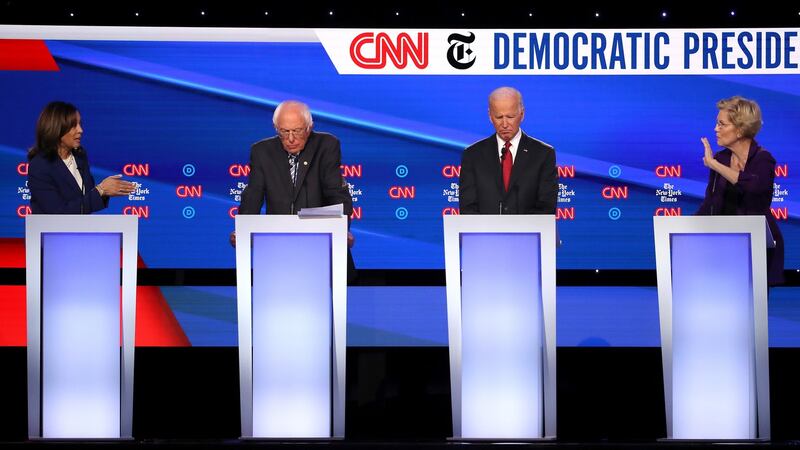 Kamala Harris, Bernie Sanders, Joe Biden and Elizabeth Warren during the Democratic presidential debate at Otterbein University in Westerville, Ohio. Photograph: Win McNamee/Getty Images.