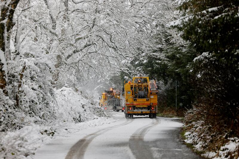ESB crews tend to a fallen line in the hills close to Castlewarren near Kilkenny City. Photograph: Alan Betson/The Irish Times