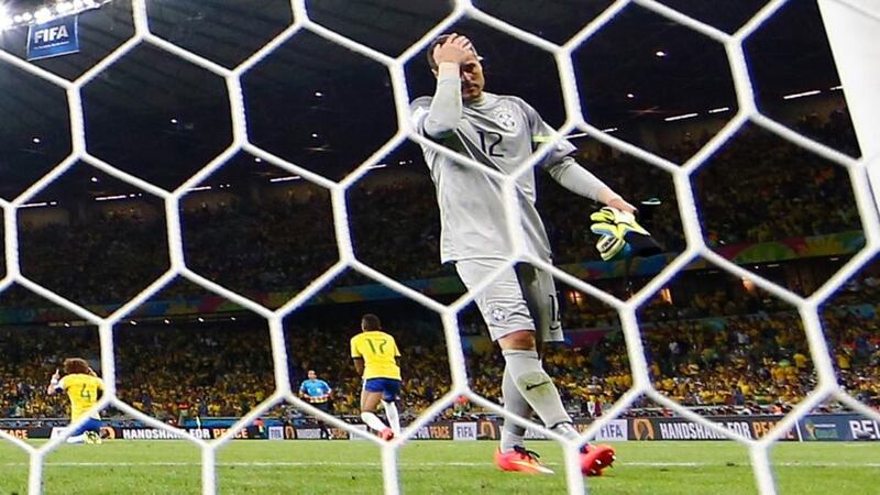 Brazil’s goalkeeper Julio Cesar reacts after losing their 2014 World Cup semi-final 7-1 against Germany at the Estadio Mineirao in Belo Horizonte. Photograph: Kai Pfaffenbach/Reuters