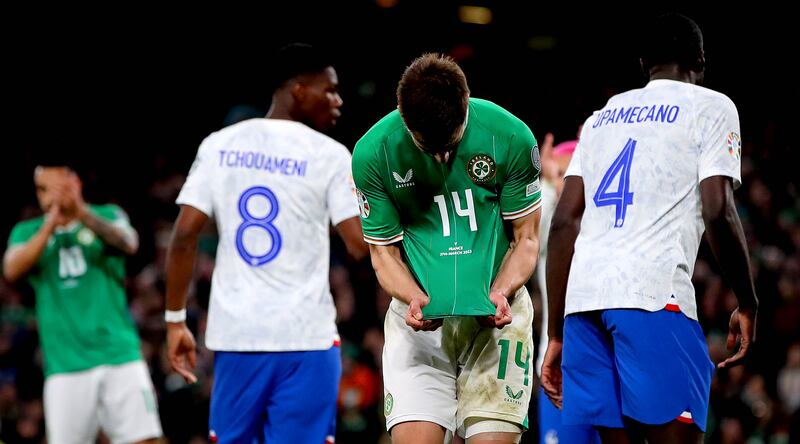 A frustrated Jayson Molumby reacts to a missed chance against France. Photograph: Ryan Byrne/Inpho