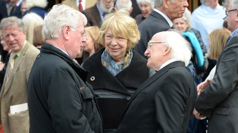 President Michael D Higgins and Sabina Higgins with Eamon Gilmore, former Tanaiste at the funeral of former TD, Senator and member of the Council of State, Monica Barnes at Church of Our Lady of Good Counsel, Killiney Co Dublin. Photograph: Dara Mac Dónaill/The Irish Times