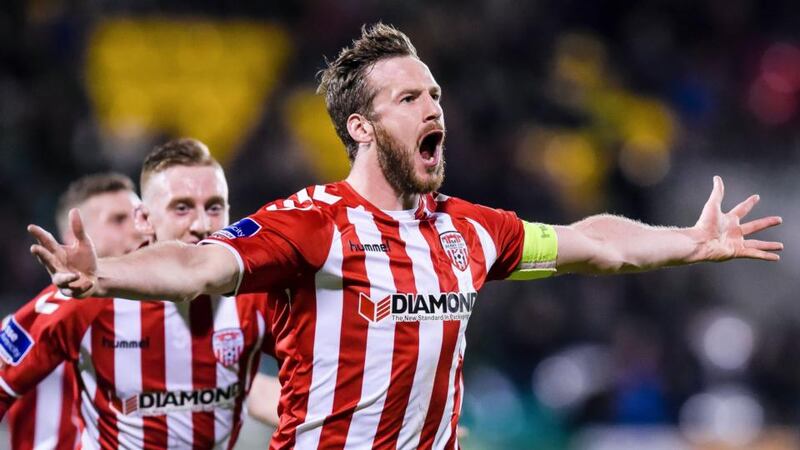 Ryan McBride celebrating a goal for his beloved Derry City.