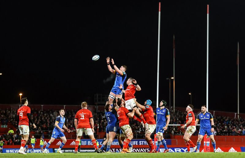 Leinster’s Joe McCarthy and Munster veteran Peter O’Mahony contest a lineout during the recent URC clash at Thomond Park. Photograph: Ben Brady/Inpho 