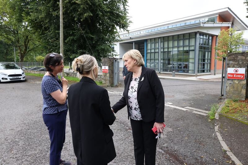 Minister Heather Humphreys speaking outside Largy College in Clones on Tuesday, following the crash where two teenage girls died. Photograph: Dara Mac Dónaill
