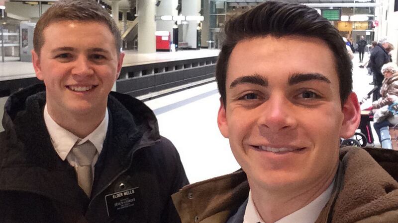 This undated photo provided by Chad Wells shows Mormon missionaries Mason Wells (19) of Sandy, Utah, left, and Joseph Empey (20) of Santa Clara, Utah. They both were injured in Tuesday’s explosion at the Brussels airport. Mormon church officials say missionaries from Utah were seriously injured in the Brussels airport attack. Photograph: Joseph Empey/Chad Wells via AP