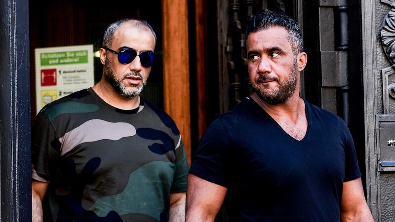 Defendant Arafat Abou-Chaker (right) is seen after the trial against former music manager Nasser Abou-Chaker (left) and three of his brothers at the regional court in Berlin, Germany on Monday. Photograph:  Filip Singer/EPA