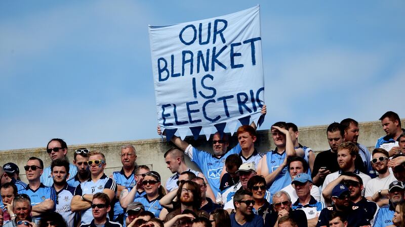 Dublin fans on Hill 16 during the 2014 All-Ireland  SFC  semi-final against Donegal. Photograph: James Crombie/Inpho