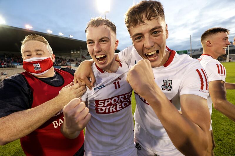 Pat Ryan celebrates with Daniel Hogan and Ben Cunningham after Cork's victory over Galway in the 2021 All-Ireland Under 20 final at Semple Stadium, Thurles. Photograph: Laszlo Geczo/Inpho