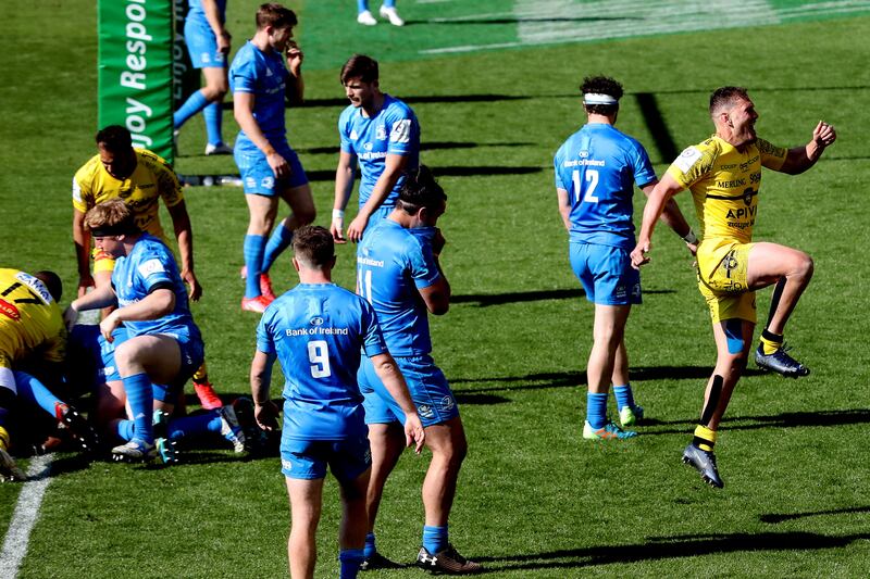 La Rochelle’s Tawera Kerr-Barlow celebrates after Will Skelton's try against Leinster in the Champions Cup semi-final at Stade Marcel-Deflandre on May 2nd, 2021.  