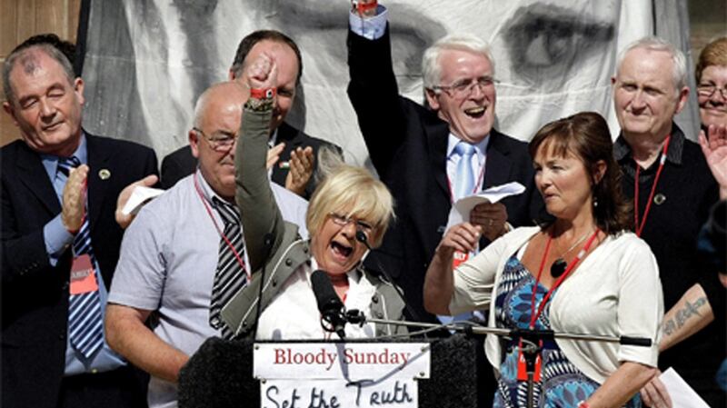 Alana Burke, who was one of those badly injured on Bloody Sunday, speaks on the steps of Derry’s Guildhall after the publication of the Saville report. That report exonerated those who had taken part in the march and found that many of the soldiers involved had given false testimony.  Photograph: Freya McClements