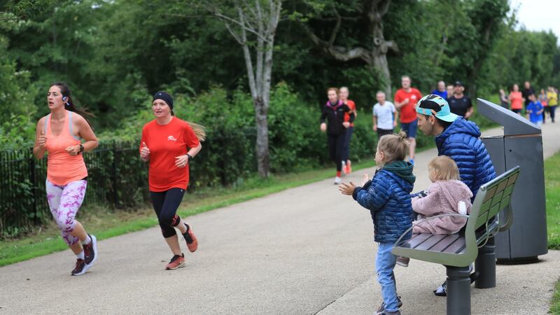 Runners take part in the 5km parkrun at Victoria Park in east Belfast on Saturday. Parkruns have returned across Northern Ireland following the easing of restrictions. Photograph: Peter Morrison/PA Wire