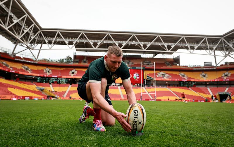 Finn Russell lines up a kick during the captain's run ahead of the first Test between the Lions and Australia at Suncorp Stadium in Brisbane on Saturday. Photograph: Dan Sheridan/Inpho