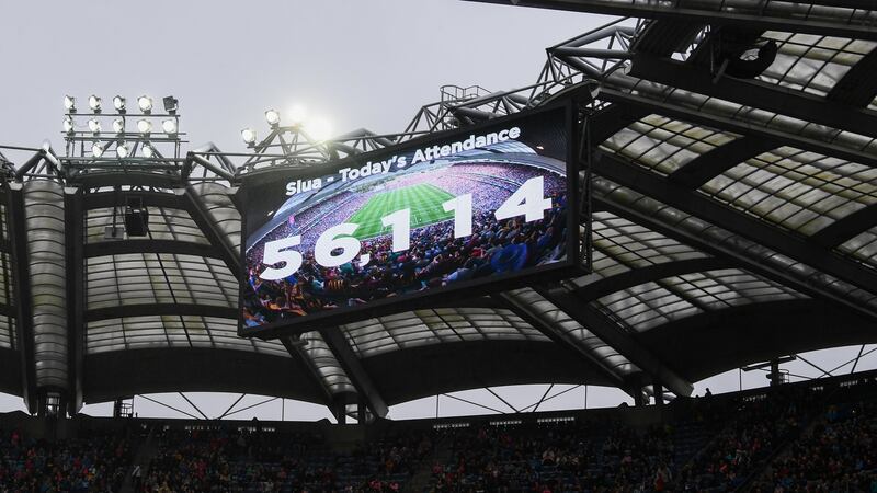 A view of the big screen as the attendance of 56,114, a new record, is shown during the TG4 All-Ireland Ladies Football Senior Championship Final at Croke Park. Photograph:  Stephen McCarthy/Sportsfile