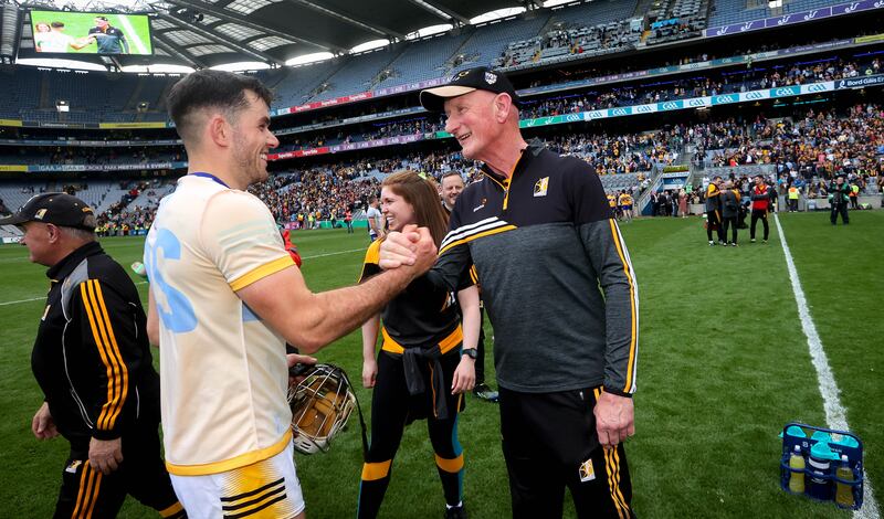 Kilkenny manager Brian Cody celebrates with Paddy Deegan after the game. Photograph: Ryan Byrne/Inpho