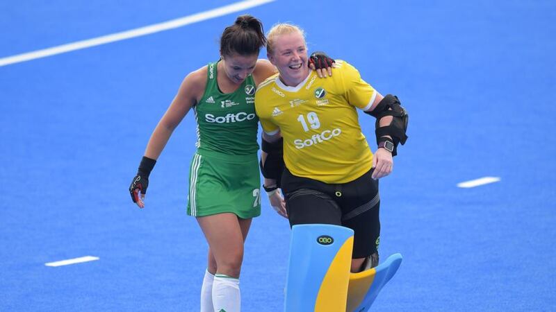 Ireland’s Anna O’Flanagan and Ayeisha McFerran celebrate at full-time after the win over India. Photograph: Joe Toth/Inpho