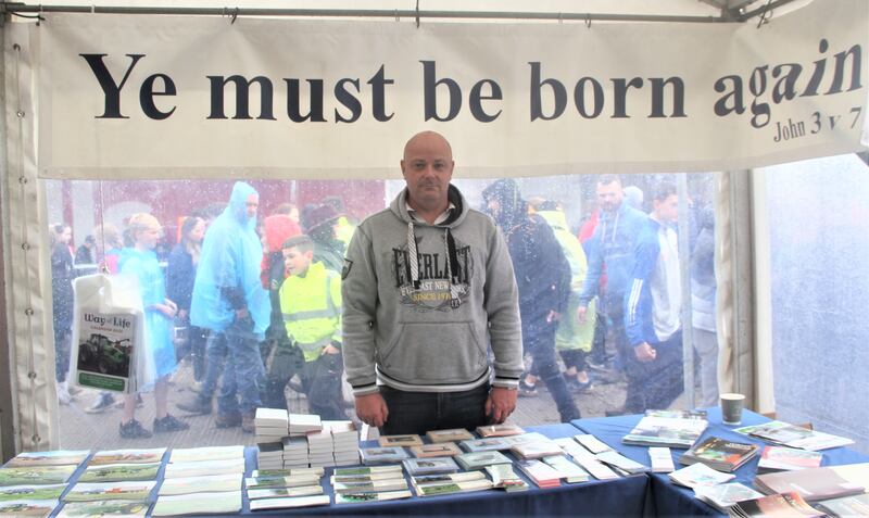 Rev Jonathan Creane in the Free Presbyterians tent at the National Ploughing Championships on Thursday. Photograph: Ronan McGreevy