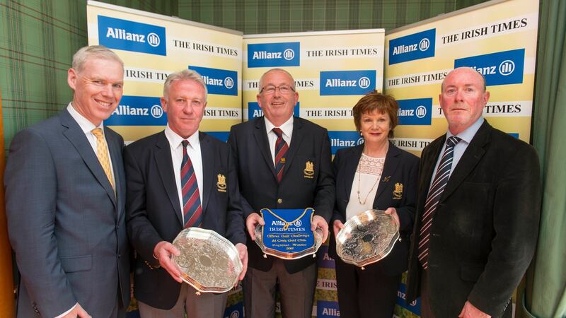 Peter Kilcullen, chief customer advocate Allianz, with Allianz Irish Times Officers’ Challenge regional winners Monkstown Golf Club officers Colm Ó Riain, president, Martin Walsh, captain, Triona O’Loghlin, lady captain, and Philip Reid, golf correspondent of The Irish Times. Photo: Michael Mac Sweeney/Provision