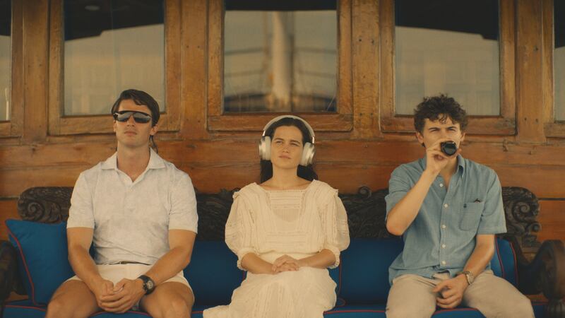 The White Lotus: Patrick Schwarzenegger as Saxon Ratliff, Sarah Catherine Hook as Piper Ratliff and Sam Nivola as Lochlan Ratliff. Photograph: HBO