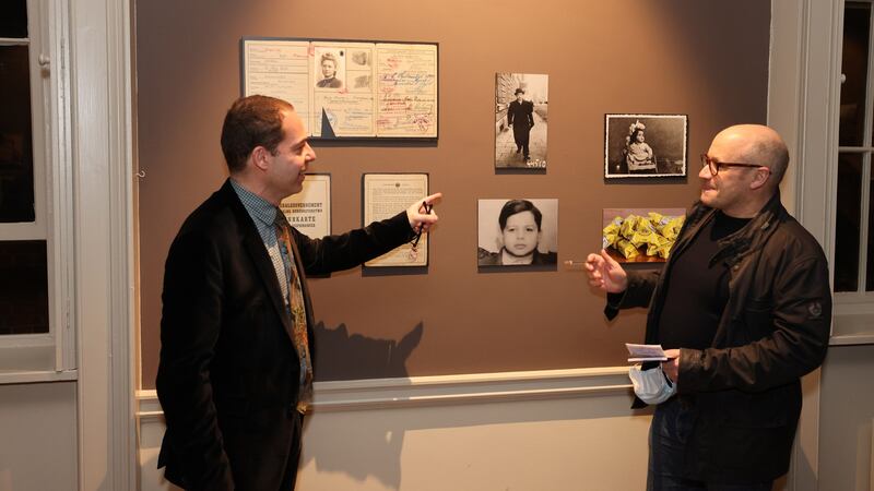 Lenny Abrahamson (R) at a preview of the exhibition The Objects of Love, by Oliver Sears (L) in Dublin Castle. Photograph: Dara Mac Dónaill/The Irish Times