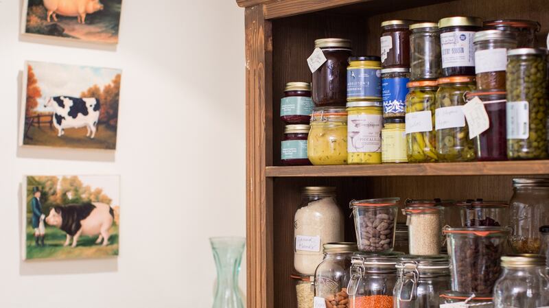 The pantry has  all different shelving – modern steel and wood, storing  spices, chocolate,  jars  of  preserves, flours, and anything that goes in big kilner jars. Photograph: Dora Kazmierak and Claire Menary