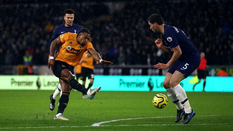 Adama Traore equalises for Wolves against Spurs. Photograph: Tim Goode/PA