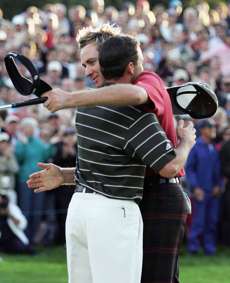 Ian Poulter is congratulated by Sergio Garcia after the first playoff hole of the 2004 Volvo Masters at  Valderrama Golf Club in Sotogrande, Spain.  Photograph: Ross Kinnaird/Getty Images