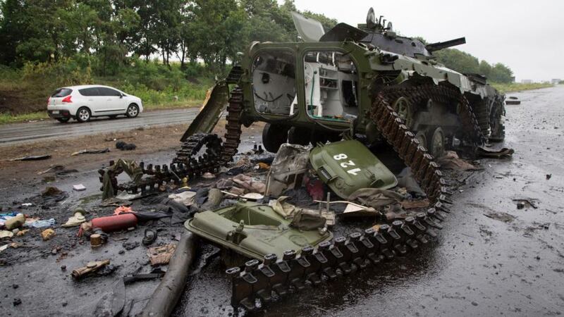 A destroyed pro-Russian APC near the city of Slovyansk in eastern Ukraine. Photograph: AP Photo/Dmitry Lovetsky