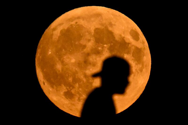 Germany: A man crosses a bridge past the full moon in Frankfurt. Photograph: Kirill Kudryatsev/AFP/Getty Images