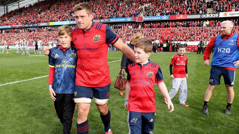 Munster’s CJ Stander with Tony (left) and Dan Foley, sons of the late Anthony Foley after Champions Cup game against Glasgow Warriors in October 2016. Photograph: Dan Sheridan/Inpho