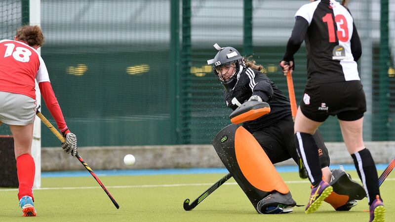 Harlequins’ Emma Buckley making a save against Pegasus. Buckley is named in the  panel of 29 players for the trip to Spain. Photograph: Rowland White/Inpho
