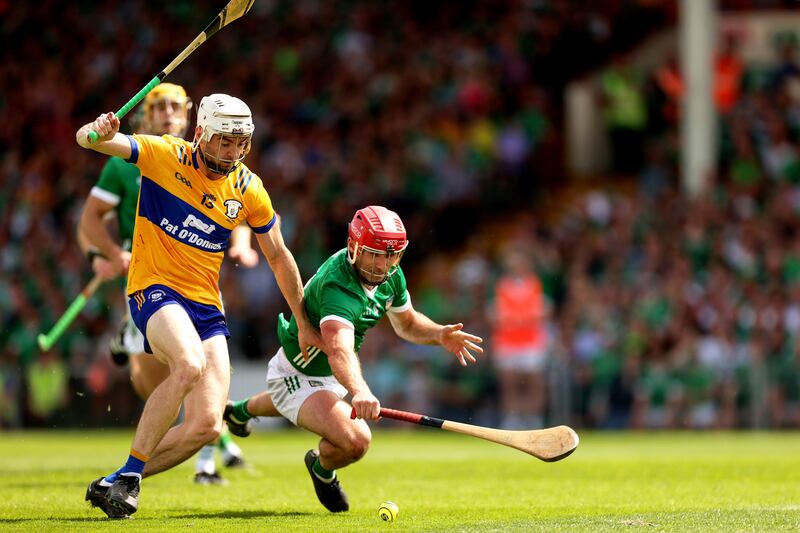 Munster GAA Senior Hurling Championship Final, TUS Gaelic Grounds, Co. Limerick 11/6/2023
Clare vs Limerick
Limerick's Barry Nash and Ryan Taylor of Clare
Mandatory Credit ©INPHO/Laszlo Geczo